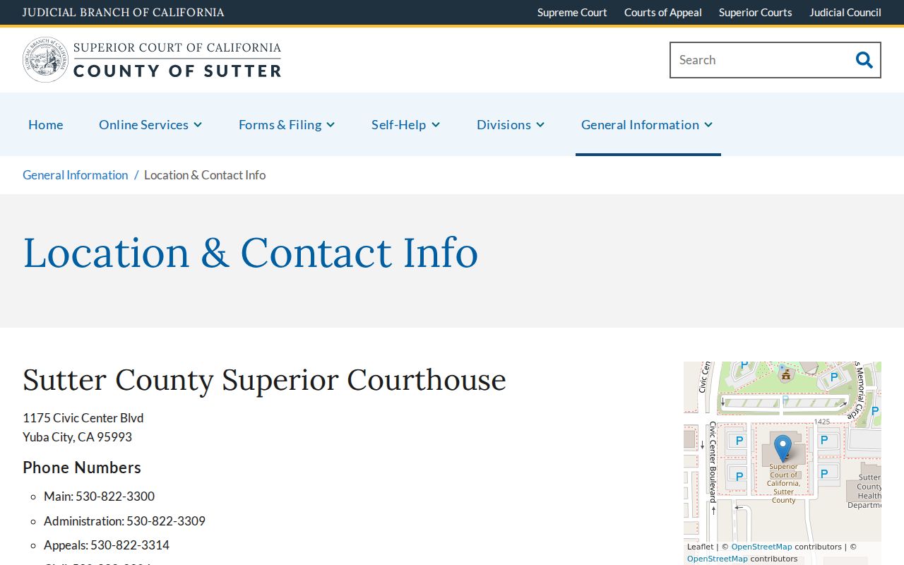 Sutter County criminal court courthouse address and contact page