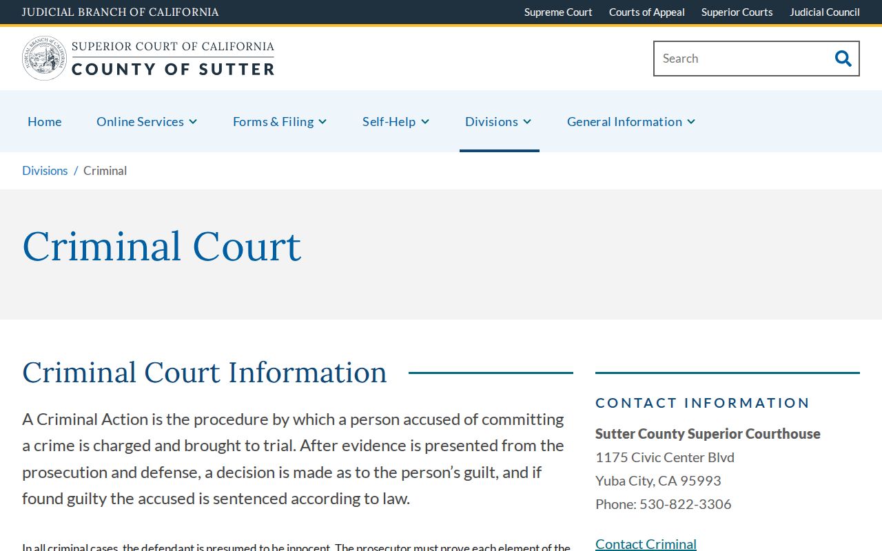Sutter County criminal court division processing information