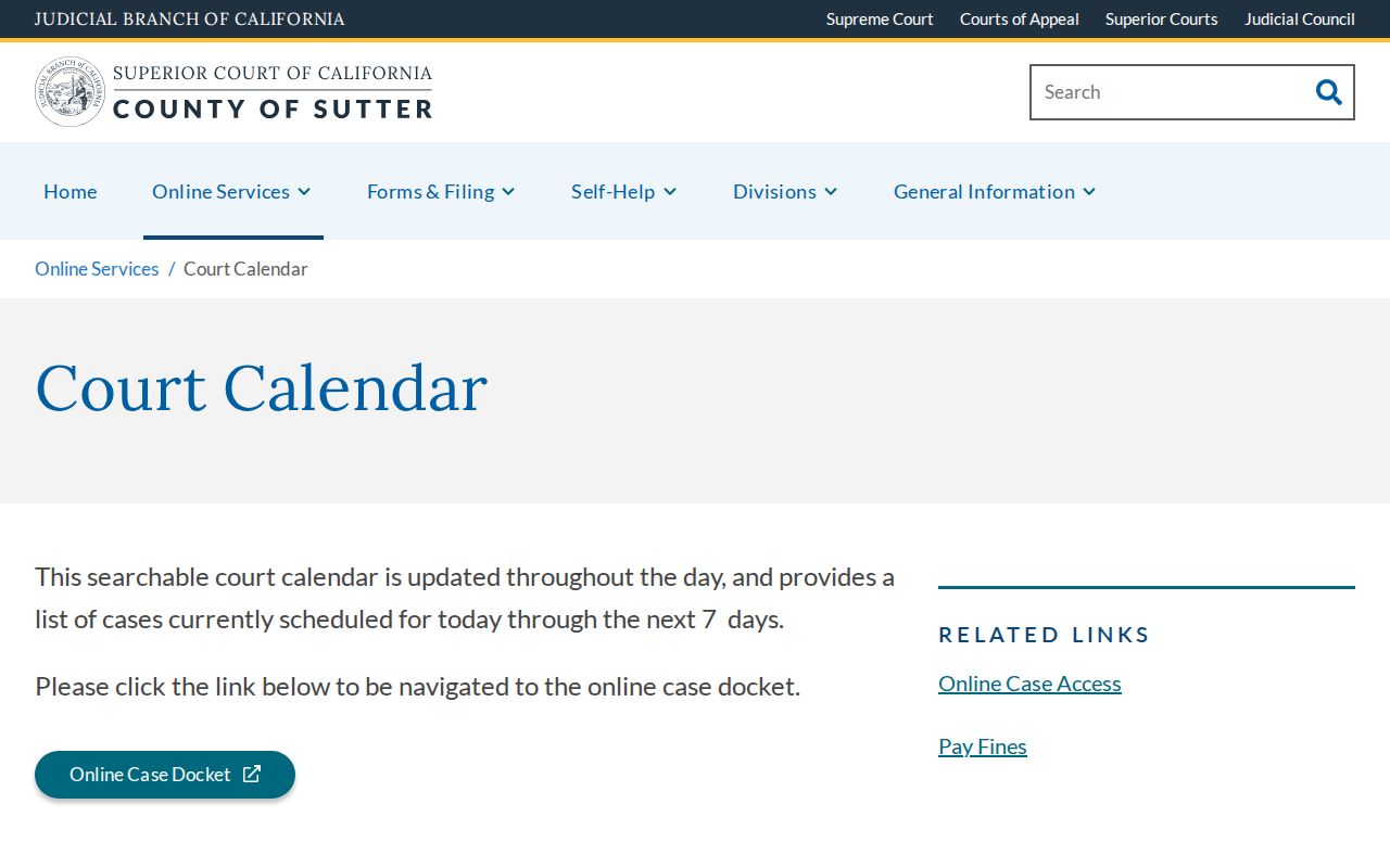 Sutter County criminal court case calendar and online docket page