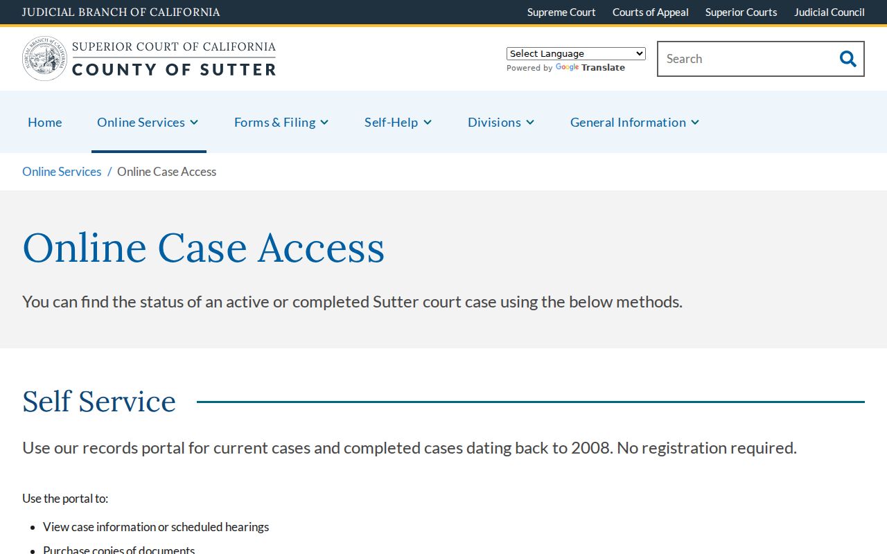 Sutter Superior Court online criminal case access information