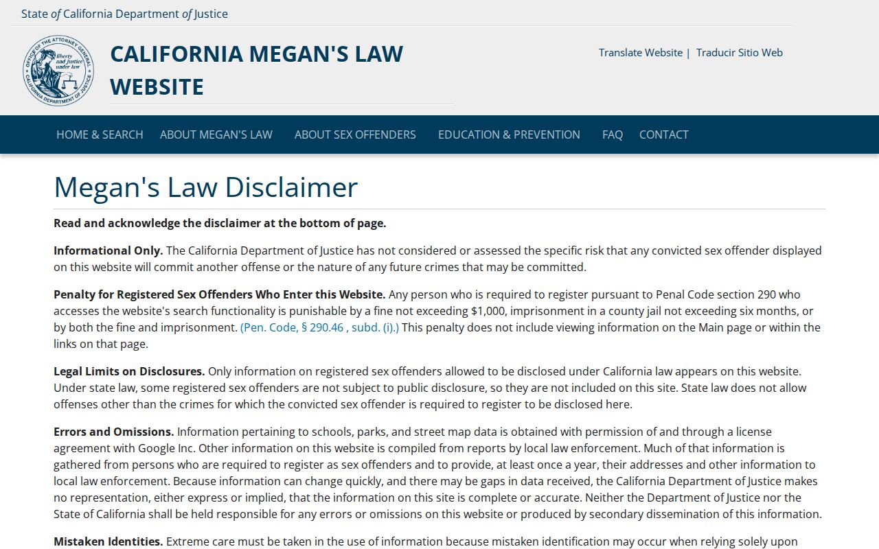 California Megan's Law public registry search screen
